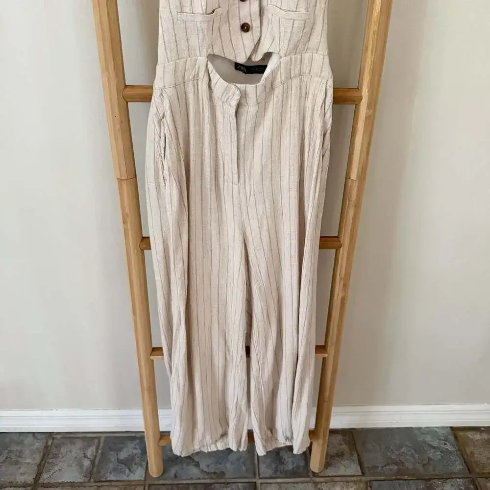 Zara Striped Linen Blend Rustic Halter Jumpsuit Beige Ecru Wide Leg Medium